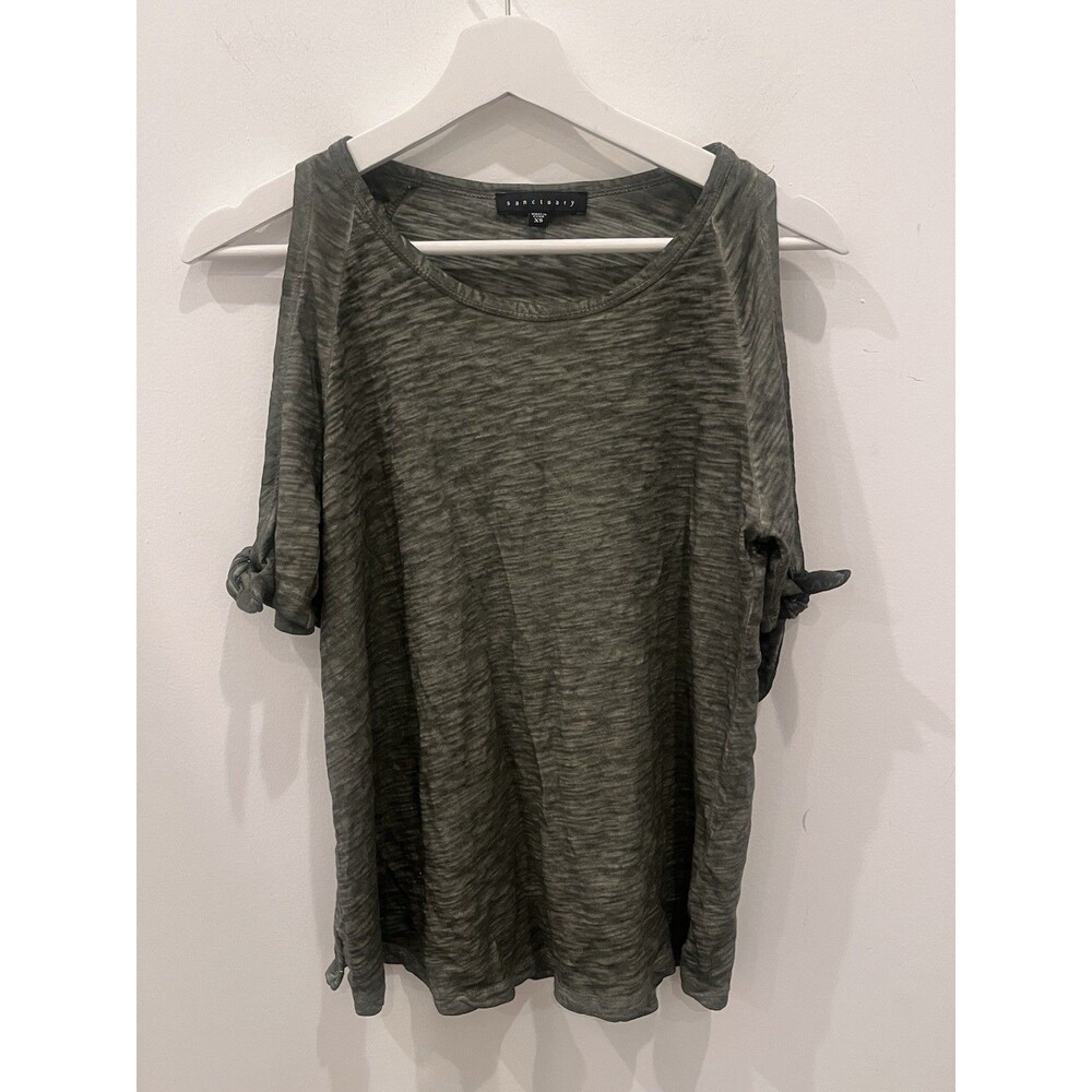 Sanctuary Cold Shoulder Tie Tee Shirt Olive Green Army Green 100% Cotton XS